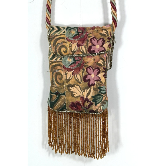 Floral Tapestry Shoulder Bag Crossbody Purse Beaded Fringe Rope Strap Victorian - Picture 2 of 11